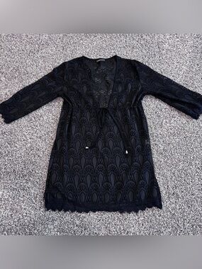 Black Lace Swim Coverup Tunic with Tie Waist